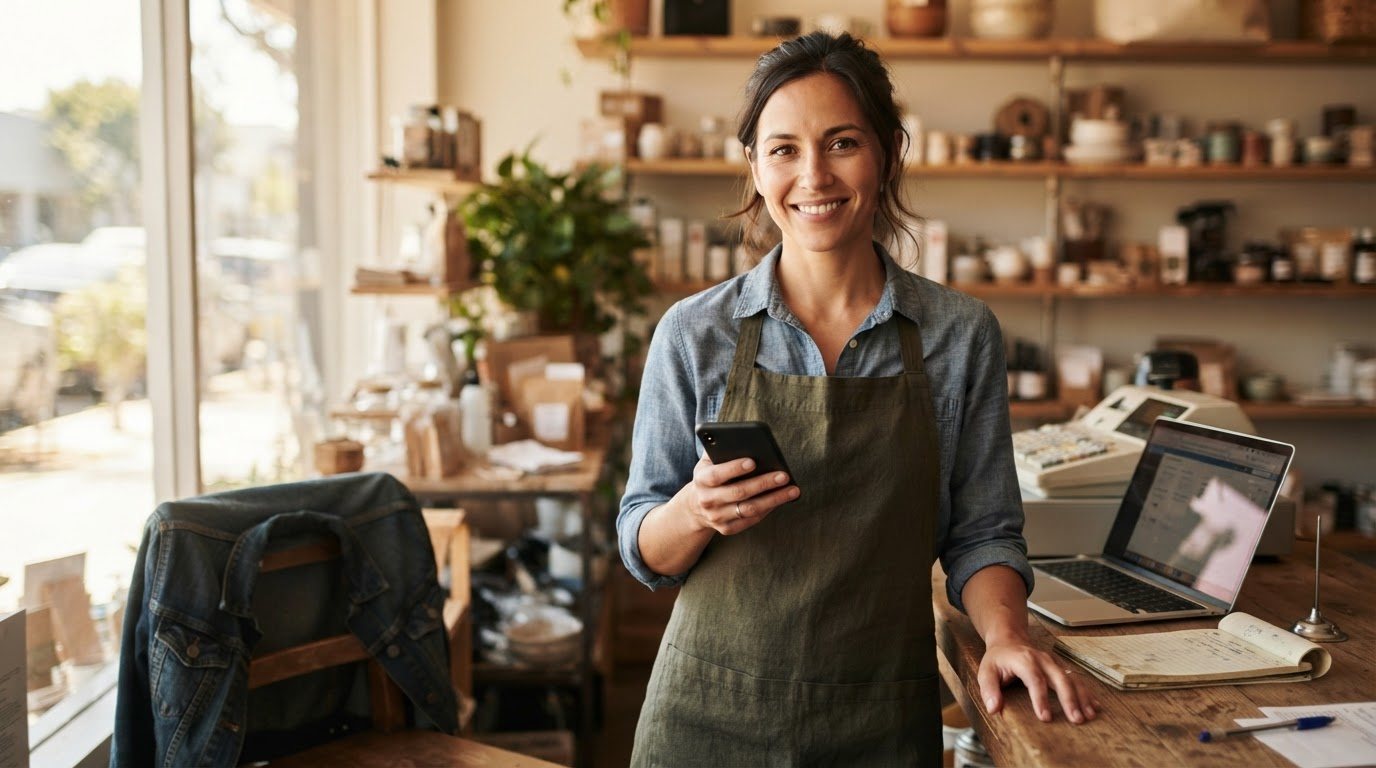 A Los Angeles small-business owner, one clear single subject, standing behind the counter of her own shop mid-shift: phone